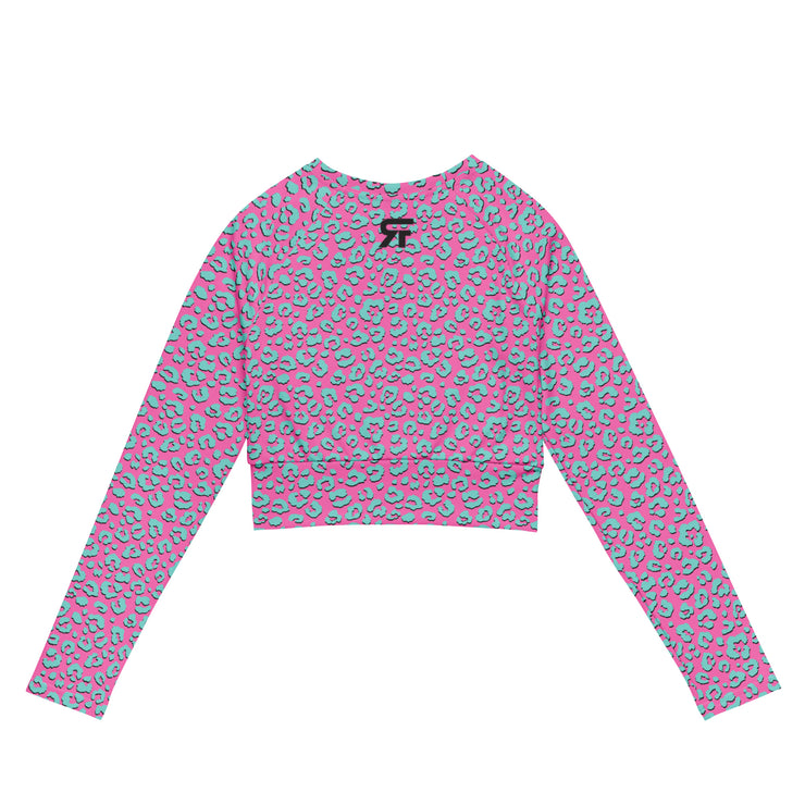 Recycled long-sleeve crop top - Jaguar - Pink/Blue - Party Animals