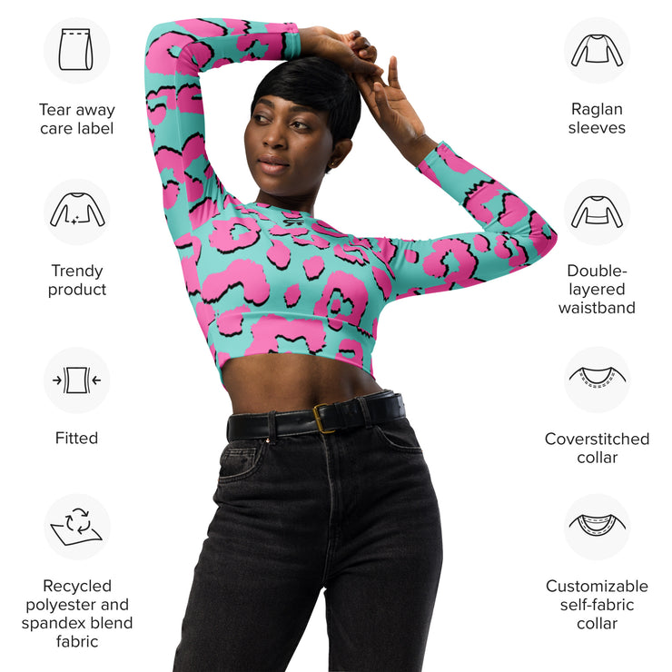 Recycled long-sleeve crop top - Jaguar Blue/Pink- Party Animals