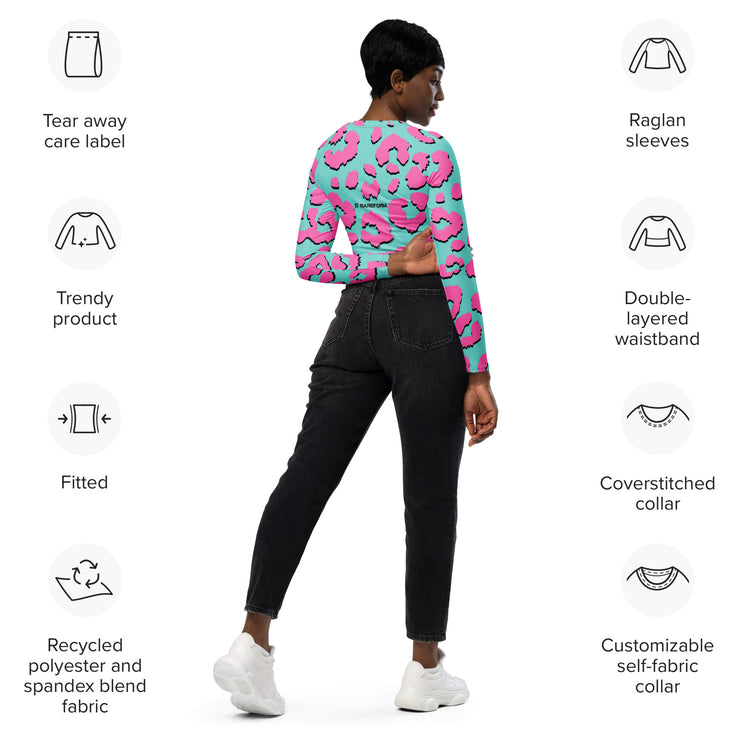 Recycled long-sleeve crop top - Jaguar Blue/Pink- Party Animals