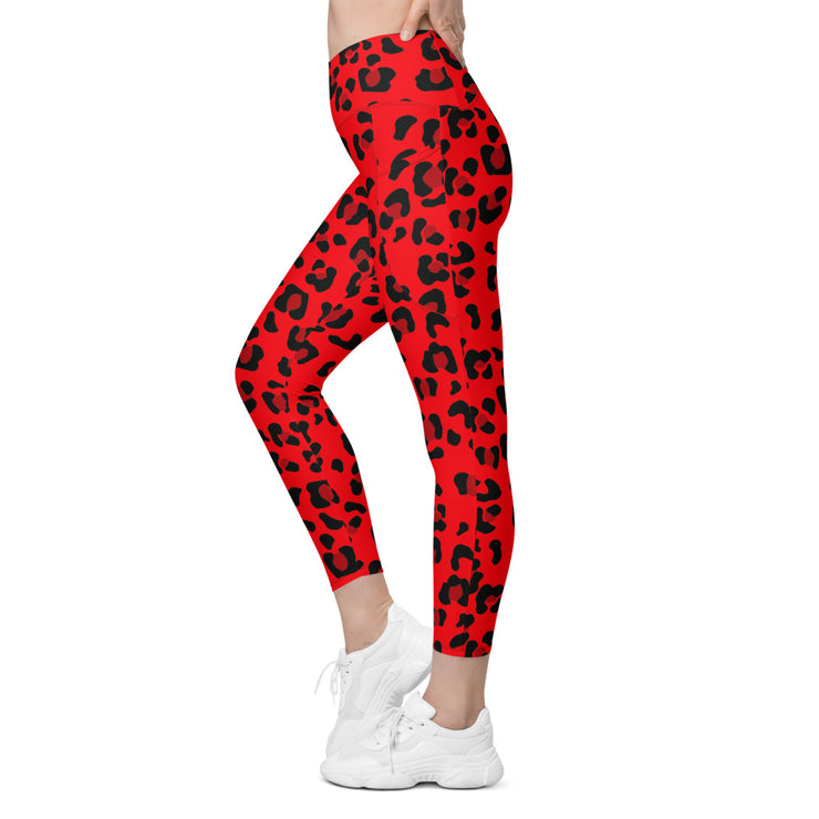 Crossover leggings with pockets - Red & Black Leopard Print