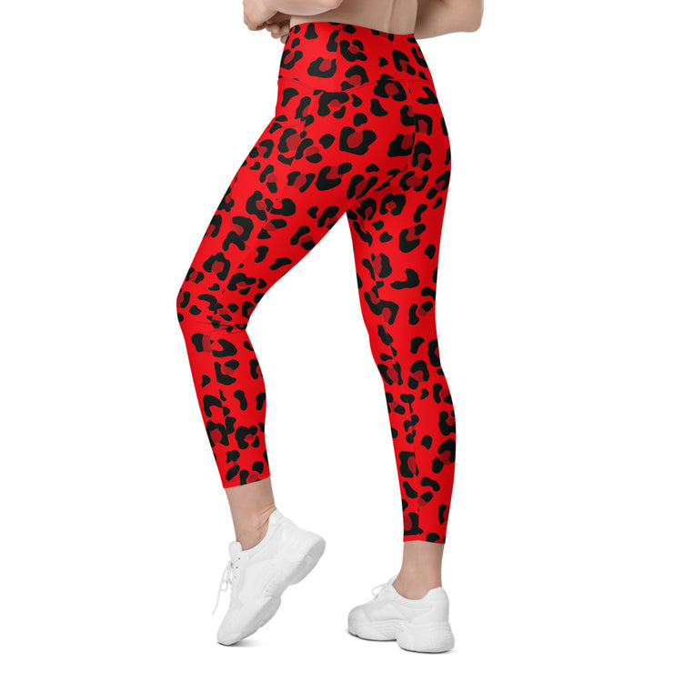 Crossover leggings with pockets - Red & Black Leopard Print