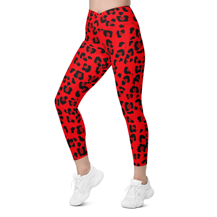 Crossover leggings with pockets - Red & Black Leopard Print