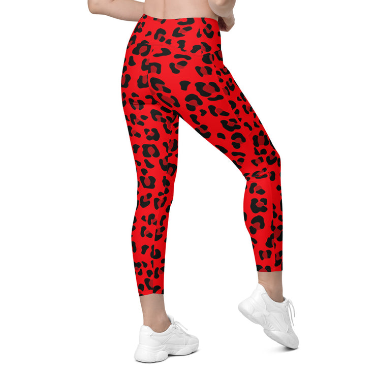 Crossover leggings with pockets - Red & Black Leopard Print