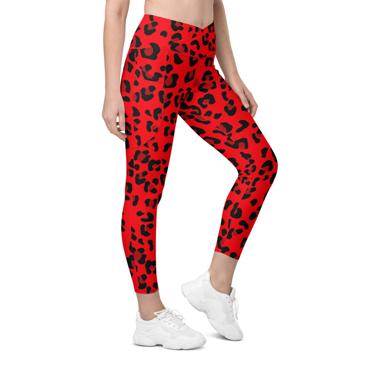 Crossover leggings with pockets - Red & Black Leopard Print