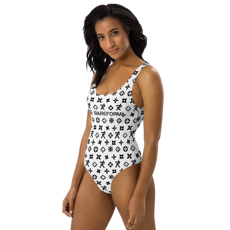 One-Piece Swimsuit Ninja Star - All Over Print White/Black