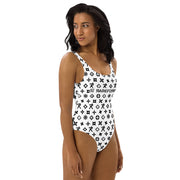 One-Piece Swimsuit Ninja Star - All Over Print White/Black