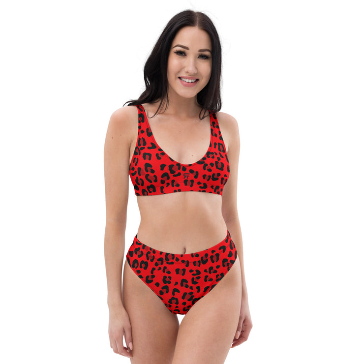 Recycled high-waisted bikini - Red & Black Leopard Print