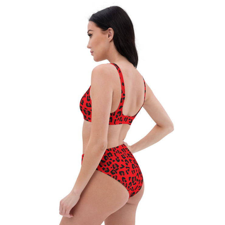 Recycled high-waisted bikini - Red & Black Leopard Print